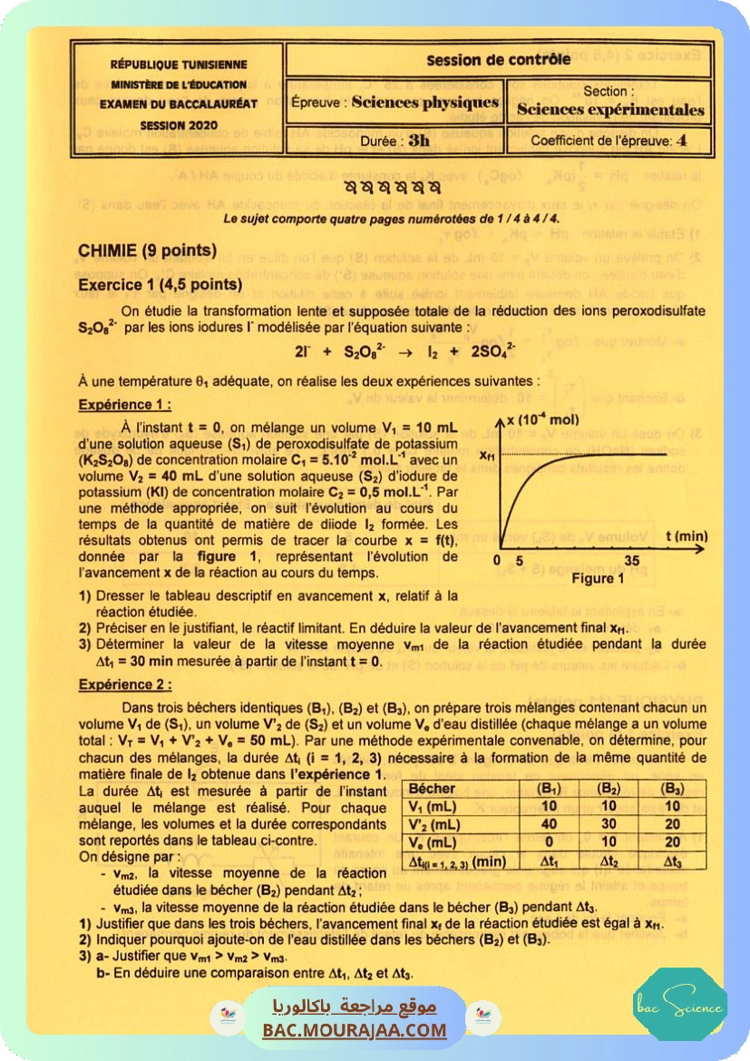 Sujet controle physique Bac 2020 – Section science
